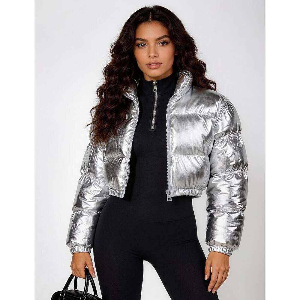 Women's Silver Metallic Cropped Zip-up Winter Coat Outerwear Puffer Jacket - Picture 4 of 6